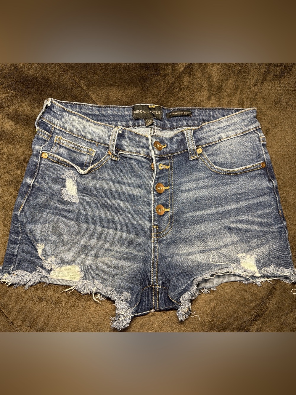 Kendall & Kylie Medium Blue High-Rise Distressed Denim Shorts